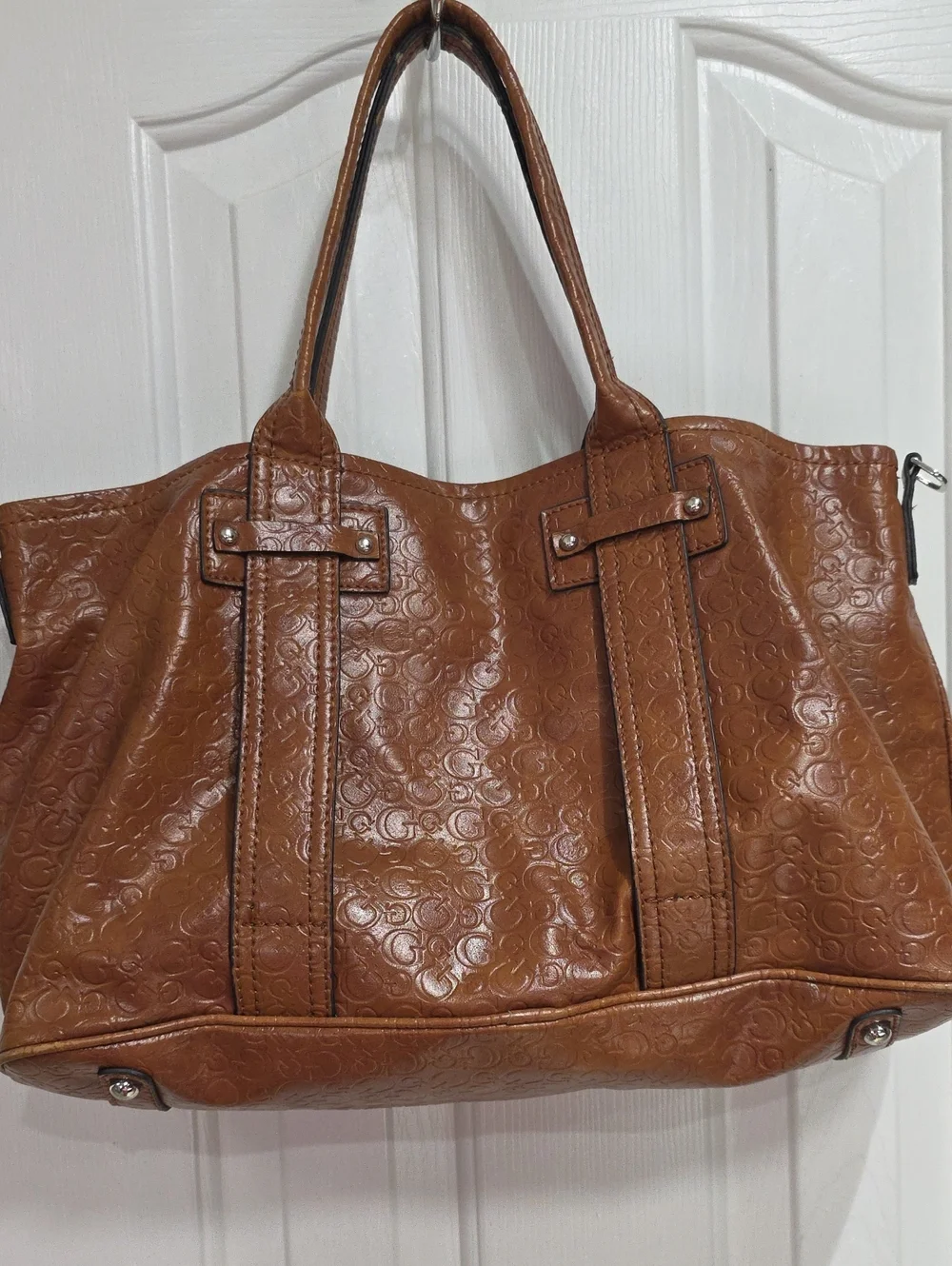 Guess Signature Embossed Leather Tote Bag in Cognac Brown